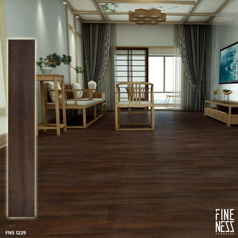 FINENESS FLOORING FNS 1229 SPC Flooring Click Lock Install Dark Brown Walnut Design Thickness 5.5 MM