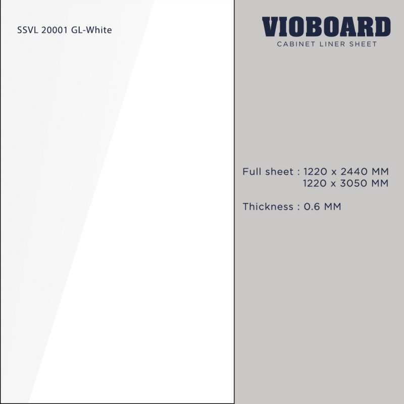 SSVL 20001 GL HPL ลามิเนตปิดผิวสำหรับงานเฟอร์นิเจอร์ สีขาวผิวเงา ความหนา 0.6 มม. 