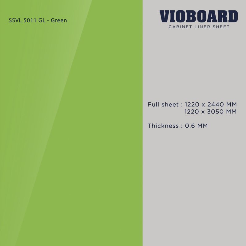 SSVL 5011 GL HPL ลามิเนตปิดผิวสำหรับงานเฟอร์นิเจอร์ สีเขียว ผิวเงา ความหนา 0.6 มม.