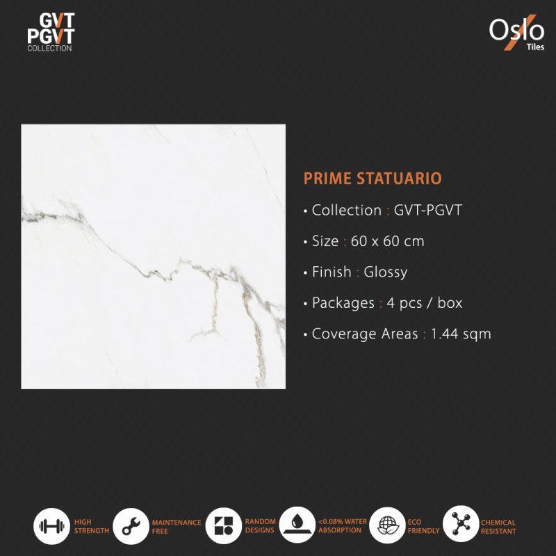 Prime Statuario (GVT-PGVT) กระเบื้องพอร์ซเลน ลายหินอ่อนสีขาว ขนาด 60x60CM ผิวเงา