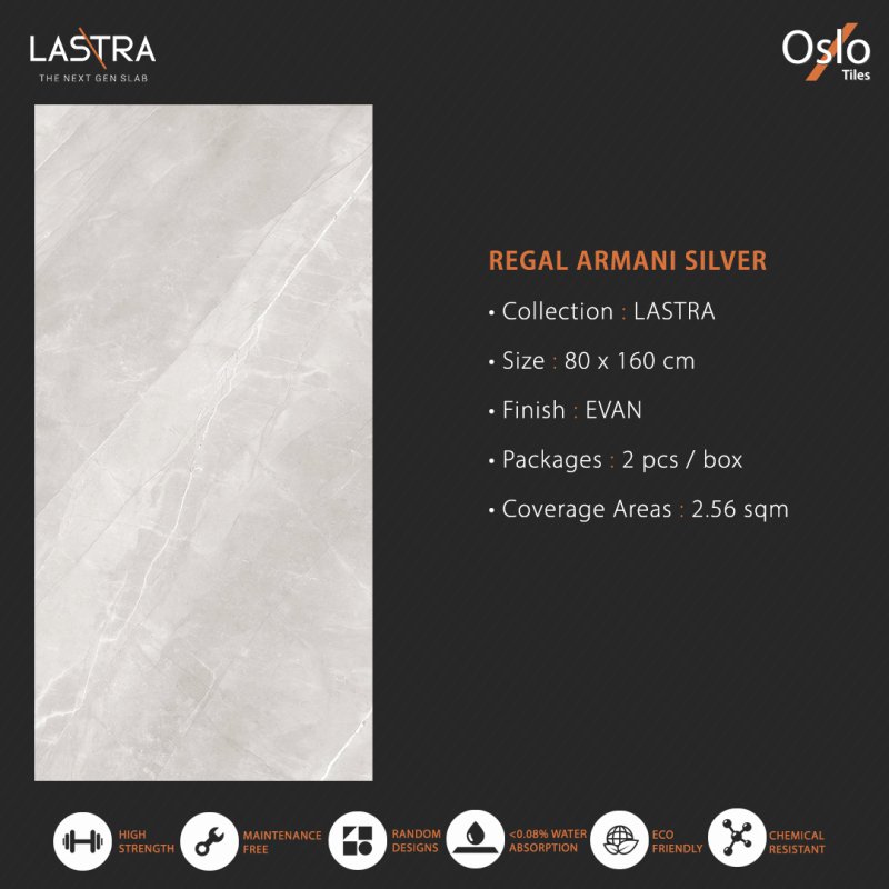 Regal Armani Silver (LASTRA) Porcelain Tile Grey Stone Design Size 80x160CM Evan Finish (Low Light Reflection Surface)