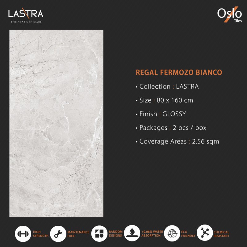 Regal Fermozo Bianco (LASTRA) Porcelain Tile Grey Stone Design Size 80x160CM Glossy Finish