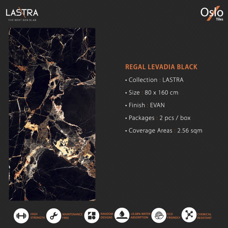 Regal Levadia Black (LASTRA) กระเบื้องพอร์ซเลน ลายหินสีดำ ขนาด 80x160 cm ผิว EVAN ความหนา 9 มม 