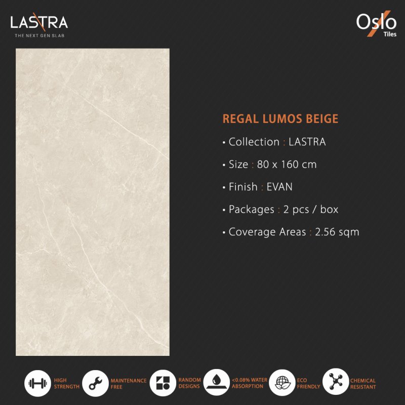 Regal Lumos Beige (LASTRA) Porcelain Tile Beige Color Size 80x160 CM Evan Finish (Low Light Reflection)