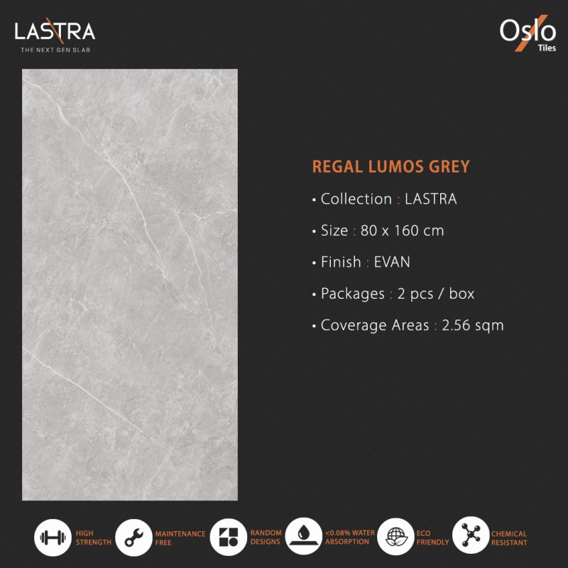 Regal Lumos Grey (LASTRA) กระเบื้องพอร์ซเลน ลายหินสีเทา ขนาด 80x160CM ผิว Evan (ลดการสะท้อนแสงบนผิว)