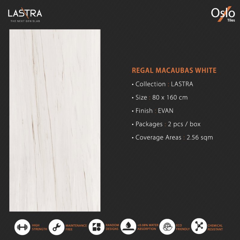 Regal Macaubas White (LASTRA) กระเบื้องพอร์ซเลน สีขาว ขนาด 80x160CM ผิว Evan (ลดการสะท้อนของแสงบนผิว)