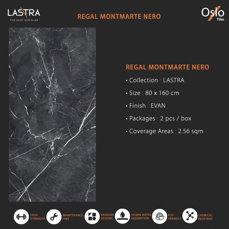 Regal Montmarte Nero (LASTRA) Porcelain Tiles Black Stone Design Size 80x160CM Evan Finish (Low Light Reflection Surface)