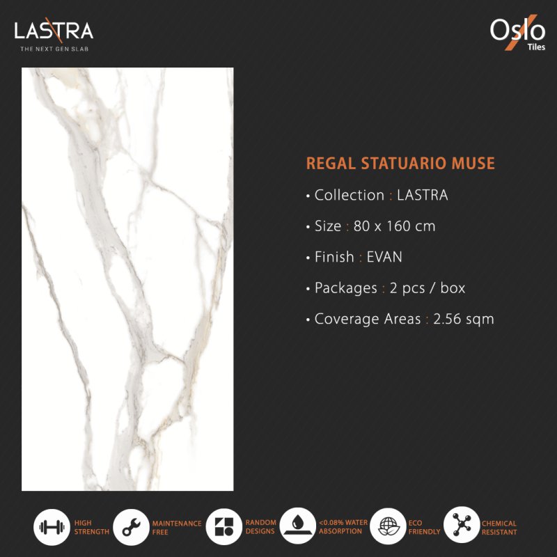 Regal Statuario Muse (LASTRA) Porcelain Tiles White Marble Design Size 80x160 CM Matt Finish 