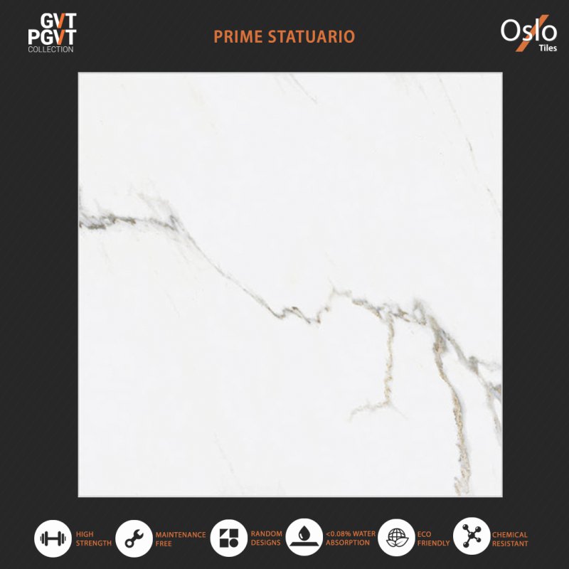 Prime Statuario (GVT-PGVT) กระเบื้องพอร์ซเลน ลายหินอ่อนสีขาว ขนาด 60x60CM ผิวเงา