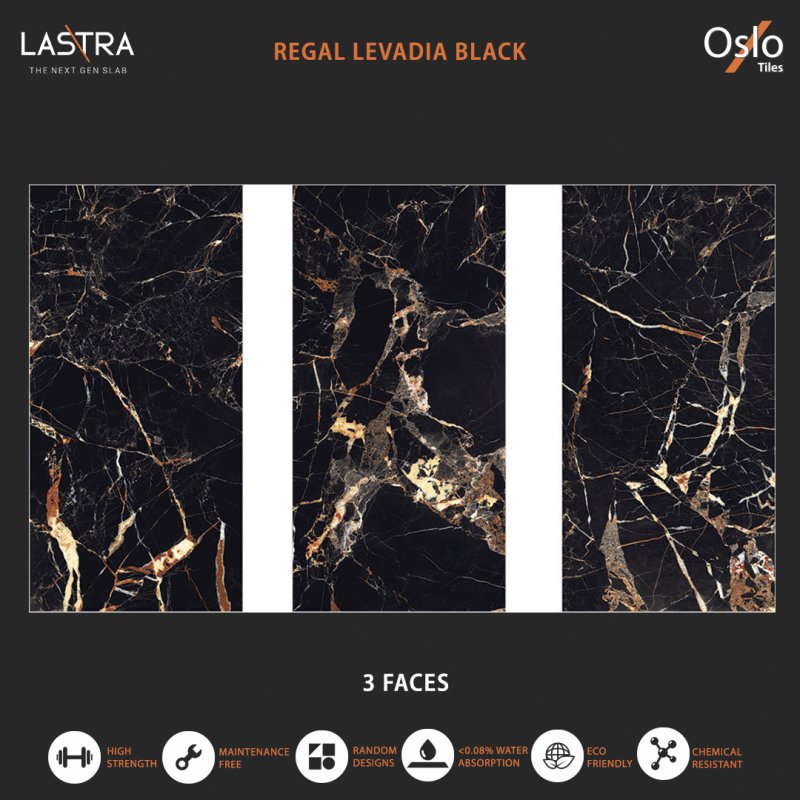 Regal Levadia Black (LASTRA) Porcelain Tile Black Stone Design 80x160 CM High Gloss Finish Thickness 9 mm