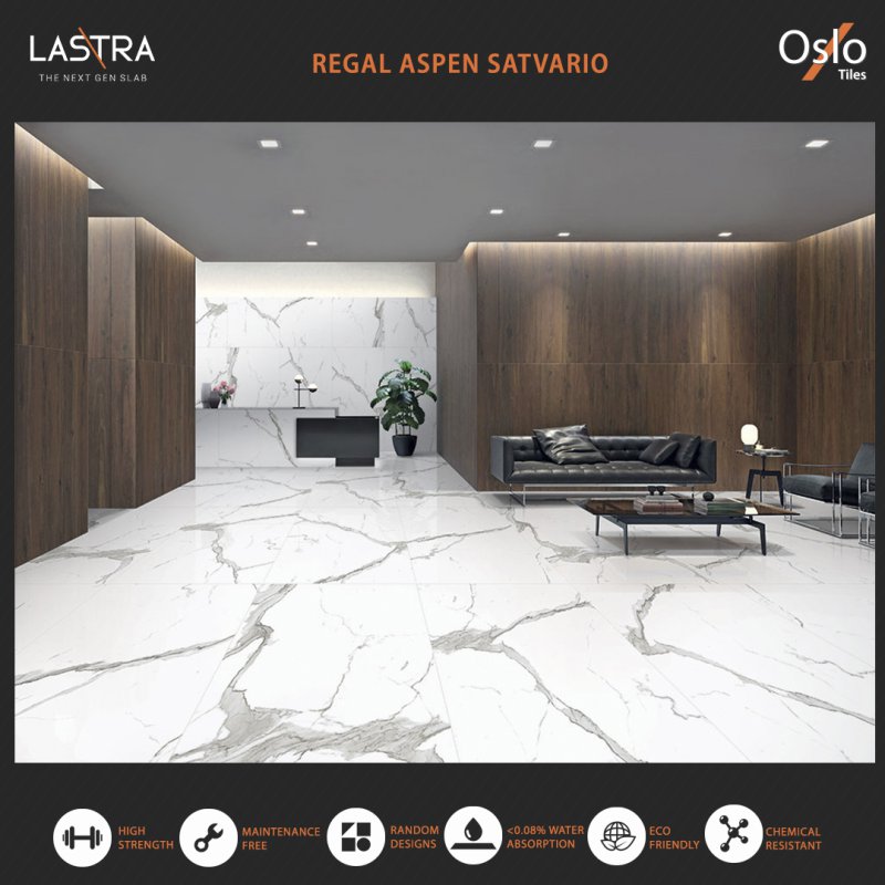 Regal Aspen Satvario กระเบื้องพอร์ซเลน ขนาด 80 x 160 ผิวเงา ลายหินอ่อน สีขาว ความหนา 9 มม 