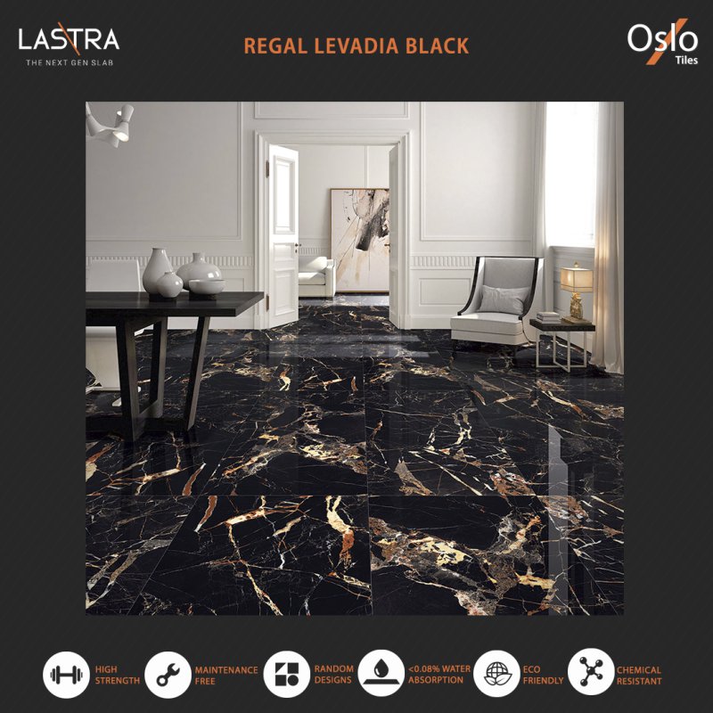 Regal Levadia Black (LASTRA) Porcelain Tile Black Stone Design 80x160 CM High Gloss Finish Thickness 9 mm