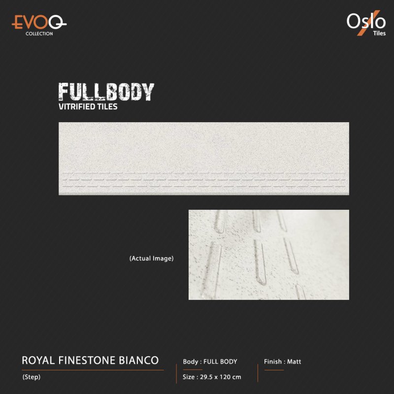 Royal Finestone Bianco (EVOQ) Porcelain Tile Stair Design (Step) Light Grey Color Size 29.5x120 CM Matt Finish Fullbody