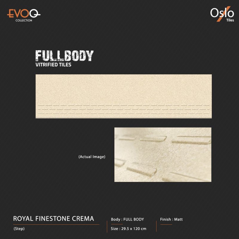 Royal Finestone Crema (EVOQ) Porcelain Tile Stair Design (Step) Cream Color Size 29.5x120 CM Matt Finish Fullbody