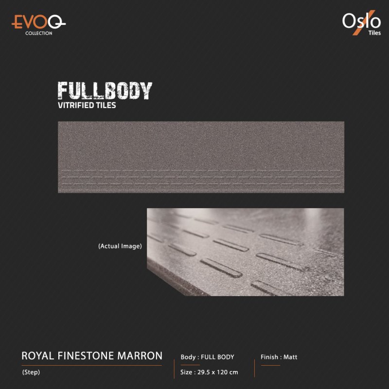 Royal Finestone Marron (EVOQ) Porcelain Tile Stair Design (Step) Red Brown Color Size 29.5x120 CM Matt Finish Fullbody