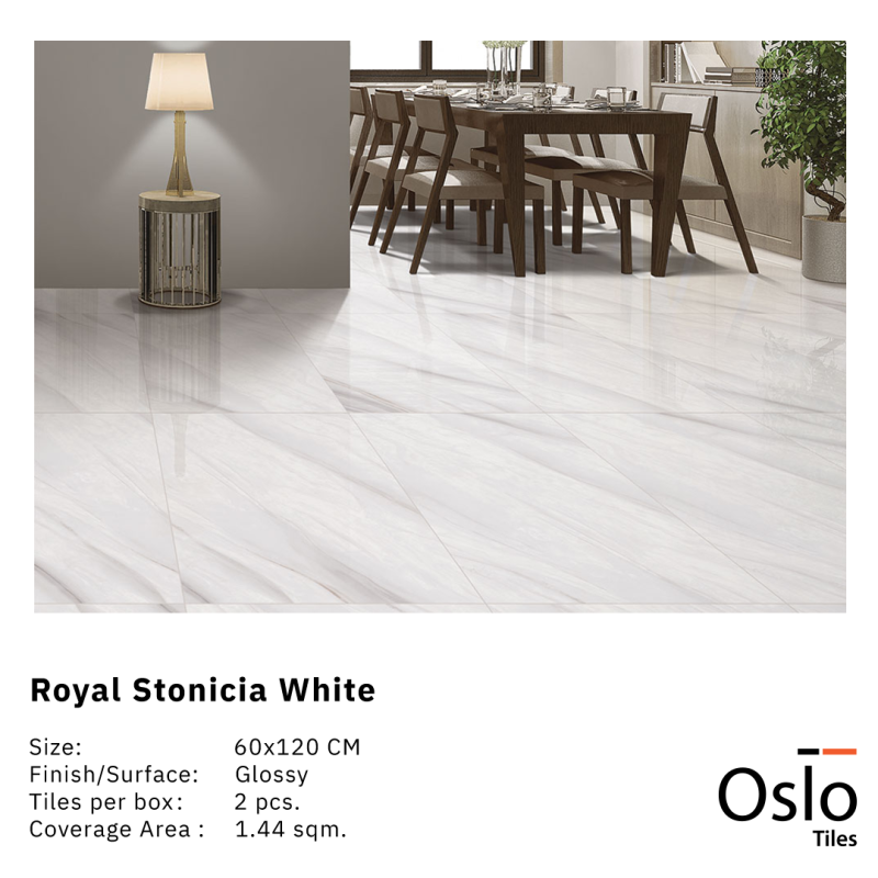 Royal Stonecia White Porcelian Tiles White Color Size 60x120 CM Glossy Finish