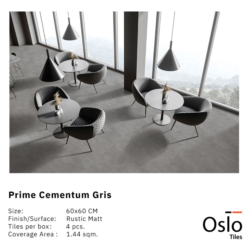 Prime Cementum Gris กระเบื้องพอร์ซเลน ลายหินสีเทา ขนาด 60x60 cm ผิวด้าน