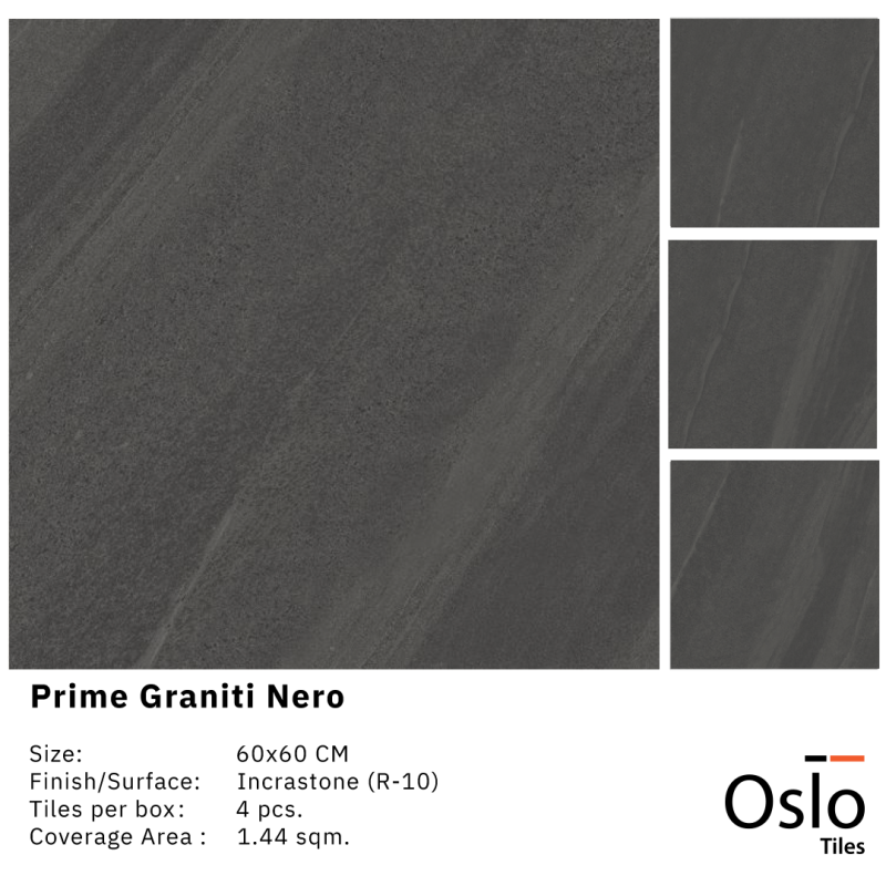 Prime Graniti Nero Porcelain Tiles Dark Grey Stone Design Size 60x60 CM Incrastone ( R-10 )Finish