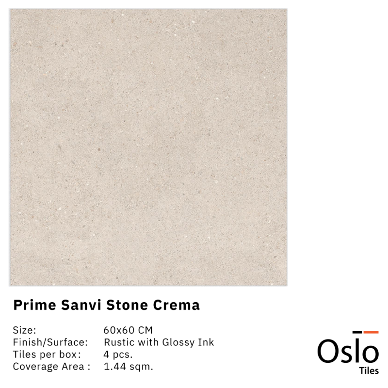 Prime Sanvi Stone Crema - Porcelain Tiles Cream Color Size 60x60CM Rustic with Glossy Ink Finish