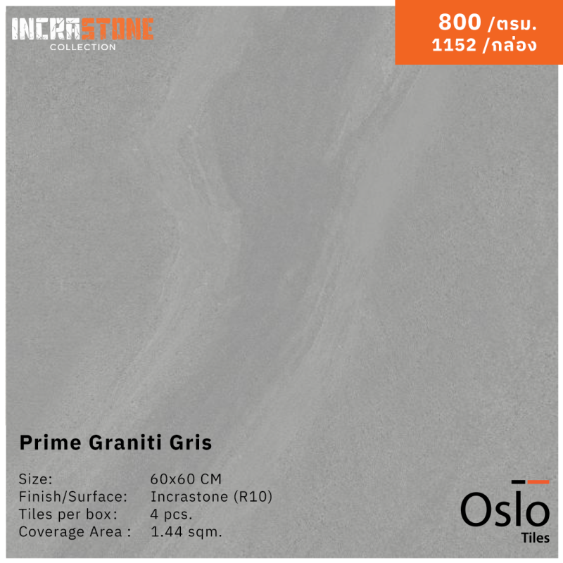 Prime Graniti Gris กระเบื้องพอร์ซเลน ลายหินสีเทาเข้ม ขนาด 60x60 cm ผิวหยาบ (Incrastone R10)