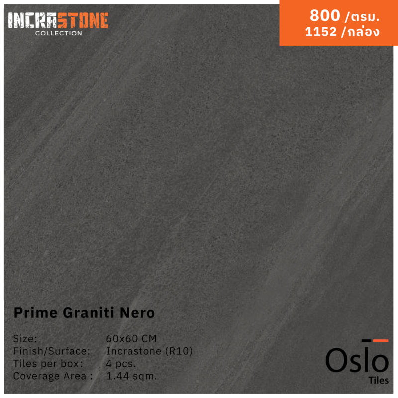 Prime Graniti Nero กระเบื้องพอร์ซเลน ลายหินสีเทาเข้ม ขนาด 60x60 cm ผิวหยาบ (Incrastone R-10)