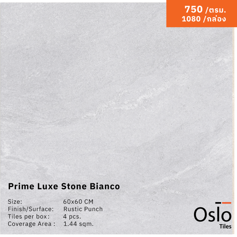 Prime Luxe Stone Bianco Porcelain Tile Light Grey color size 60x60 cm Rustic with Punch finish