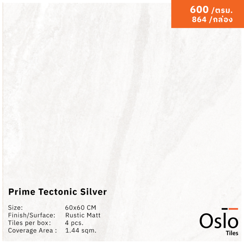 Prime Tectonic Silver กระเบื้องพอร์ซเลน ลายหินสีเทา ขนาด 60x60 cm ผิวด้าน